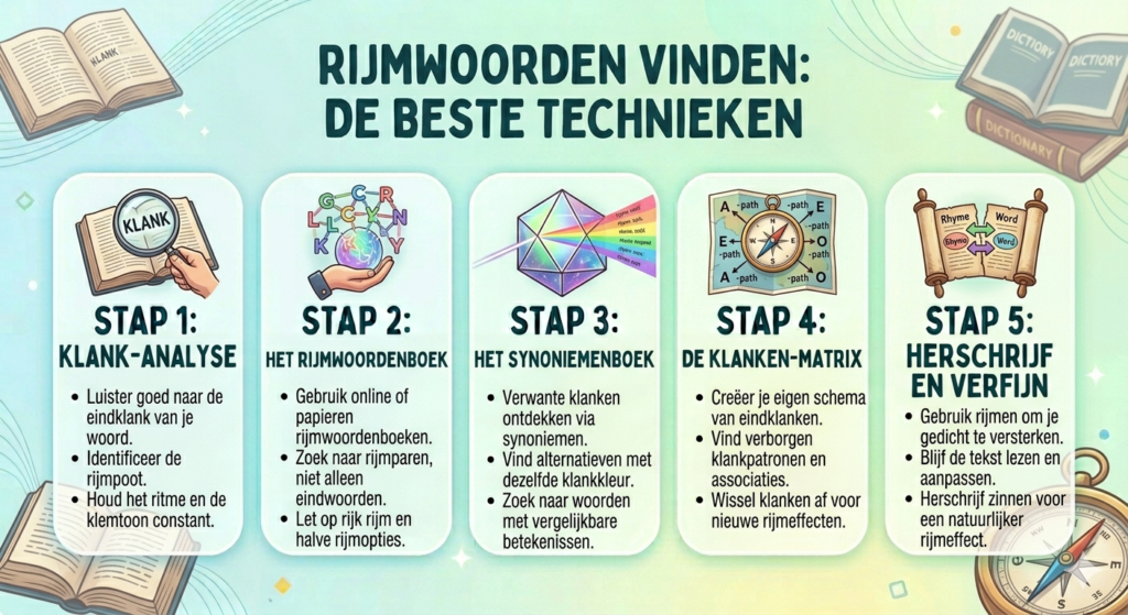 Rijmwoorden vinden? Ontdek 11 bewezen technieken, fouten en tips uit 20+ jaar ervaring — praktisch, simpel en direct toepasbaar.